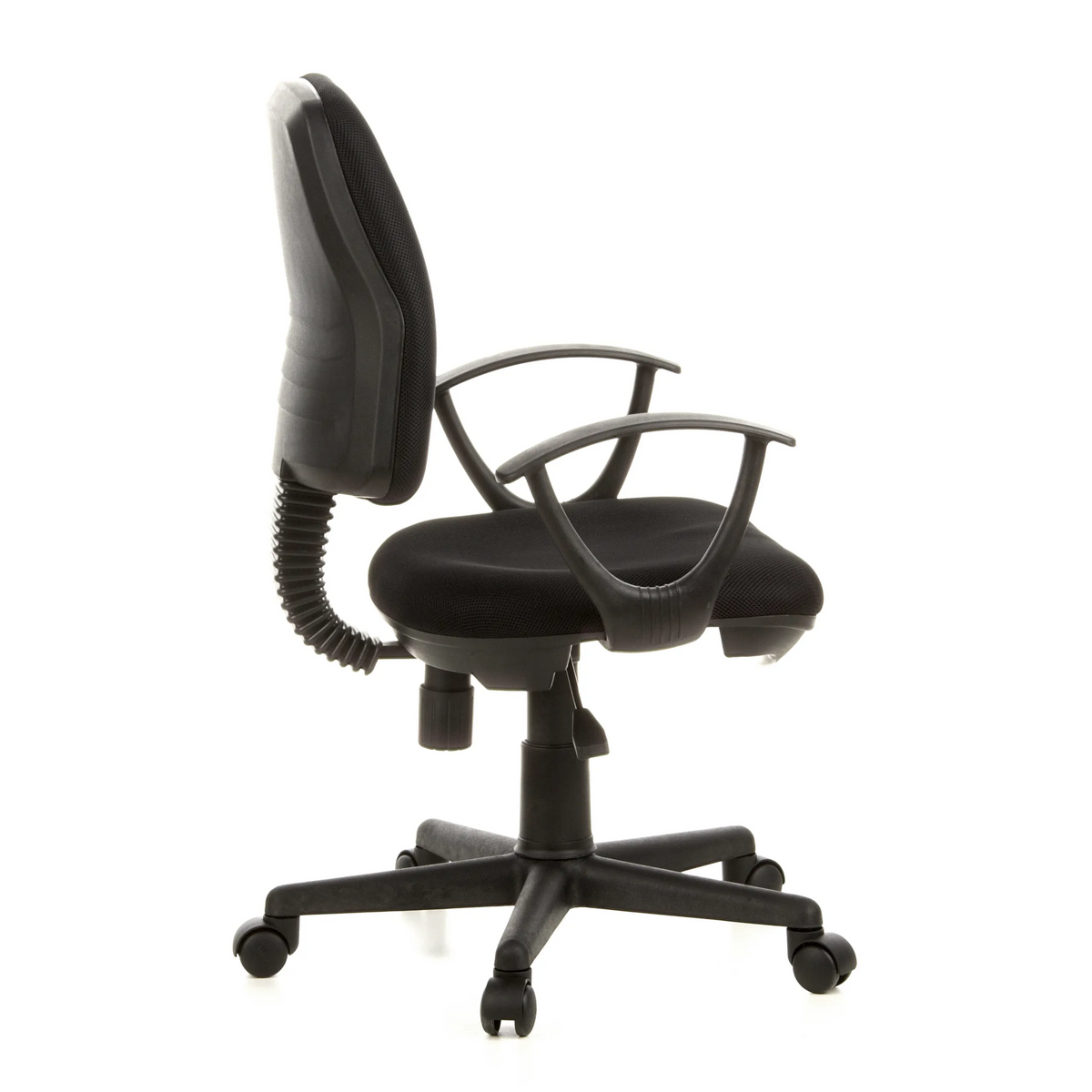 Black Home Office Chair CITY 10 with mesh back, armrests and five-caster base by hjh OFFICE – 360-degree view (side profile 100°)