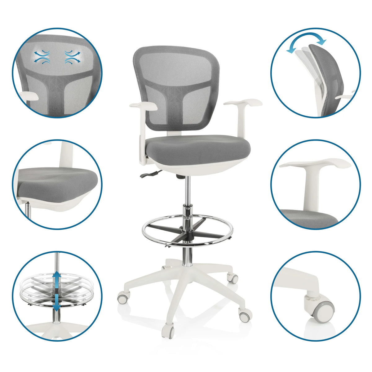 Detail of grey TOP WORK 108 W counter chair with mesh back, foot ring, white armrests and castors by hjh OFFICE