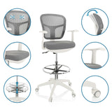 Detail of grey TOP WORK 108 W counter chair with mesh back, foot ring, white armrests and castors by hjh OFFICE
