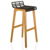 Barhocker LONSO W mit schwarzer Sitzschale und Gestell aus Eichenholz von hjh OFFICE – 360-Grad-Ansicht (schräge Frontansicht 45°)
