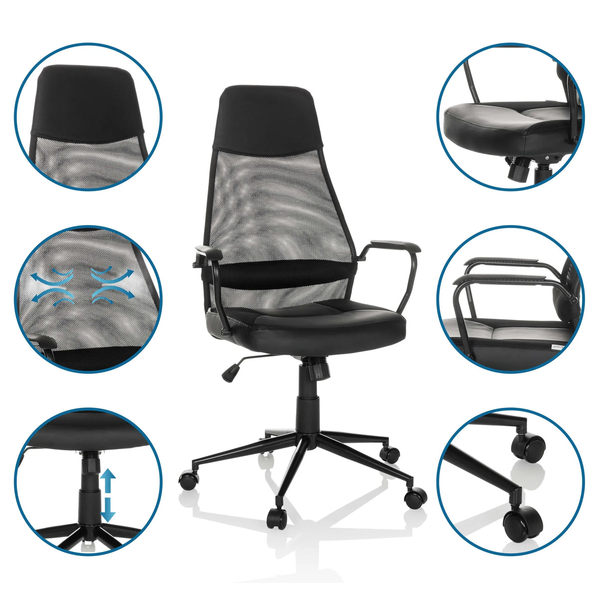 Home Office Executive Chair MARCOZ in black with various detailed views by MyBuero