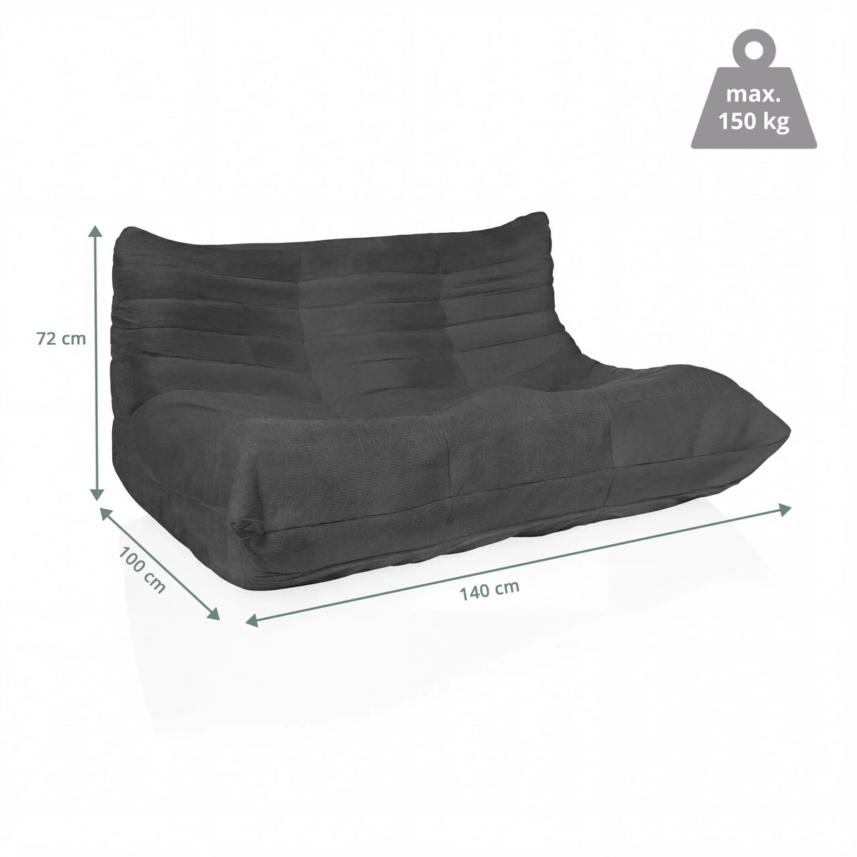 Dimensional drawing of the Lounge Chair Sitzolo 2, 140 × 100 cm and maximum load capacity 150 kg by hjh LIVING