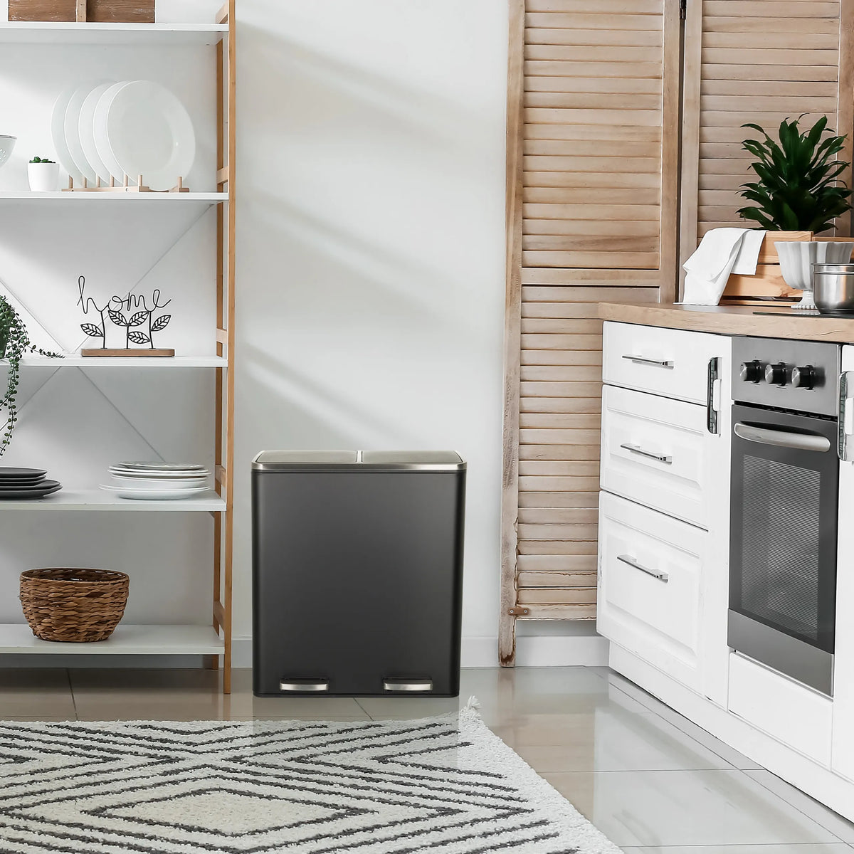 Black wastepaper CLEAN XI with two 30-litre compartments and silver lid by hjh OFFICE
