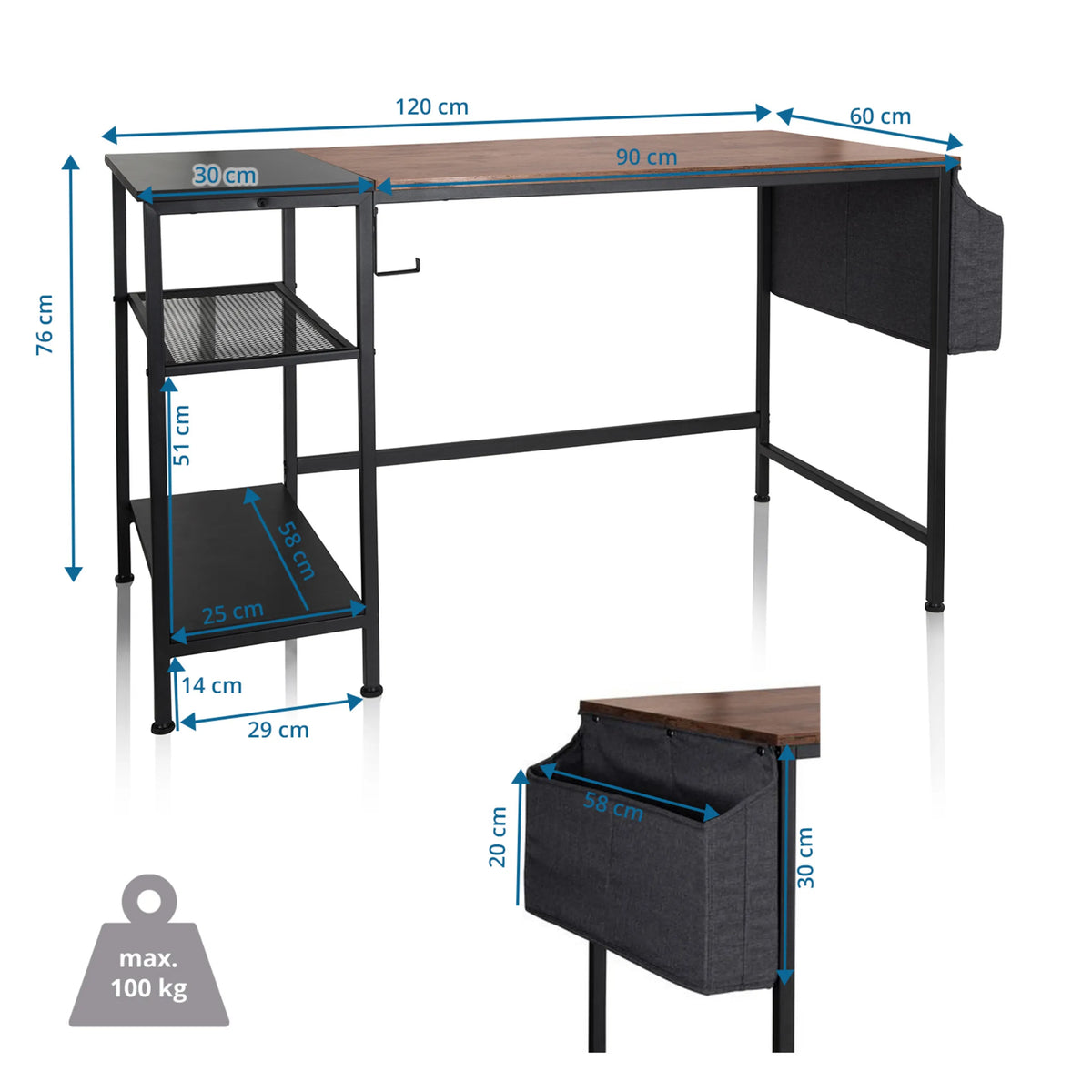 Technical drawing of the Office Desk WORKSPACE H I with 120 × 60 cm and a load capacity of 100 kg by hjh OFFICE