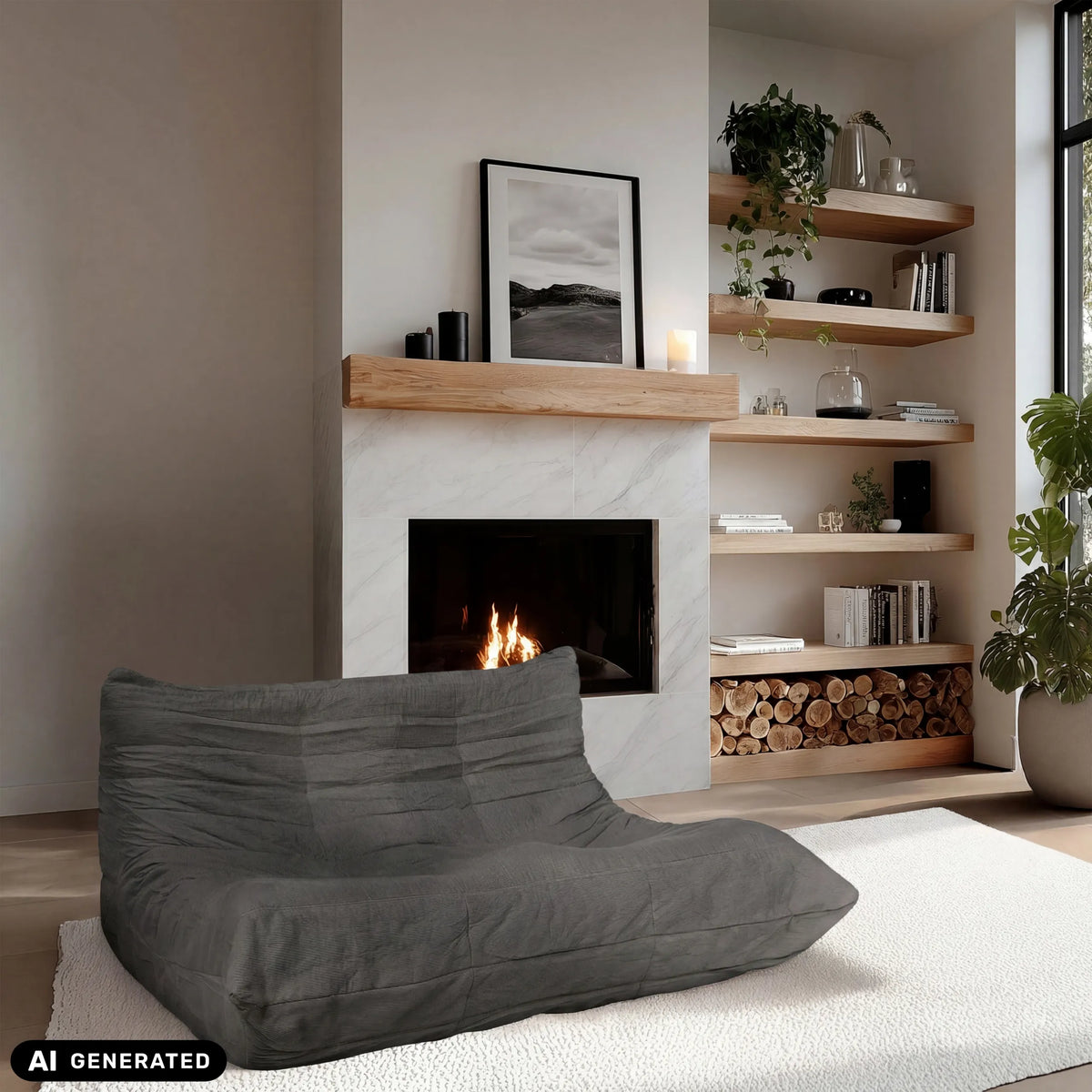 Grey Sitzolo 2 lounge chair in front of a fireplace by hjh LIVING (AI-generated image)