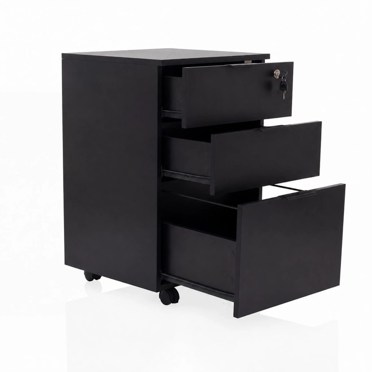 Black Mobile Drawer Unit DAVIK with three partially open drawers and a lock by hjh OFFICE