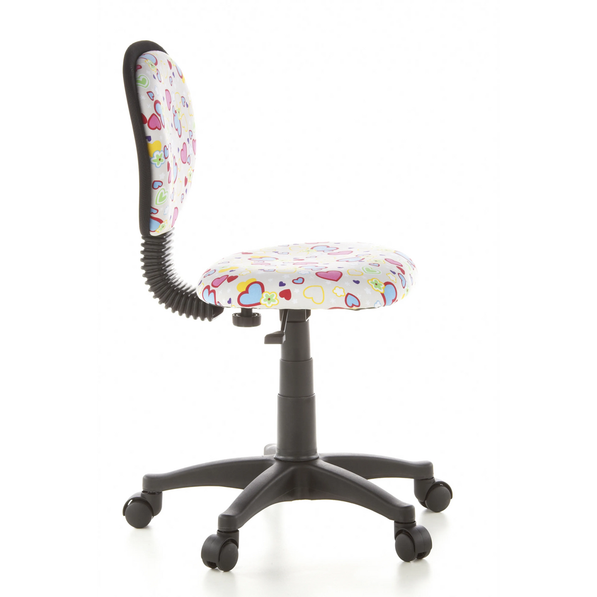 Swivel Chair – Children KIDDY TOP with colourful heart and flower pattern and five-caster base by hjh OFFICE – 360-degree view (side profile 80°)