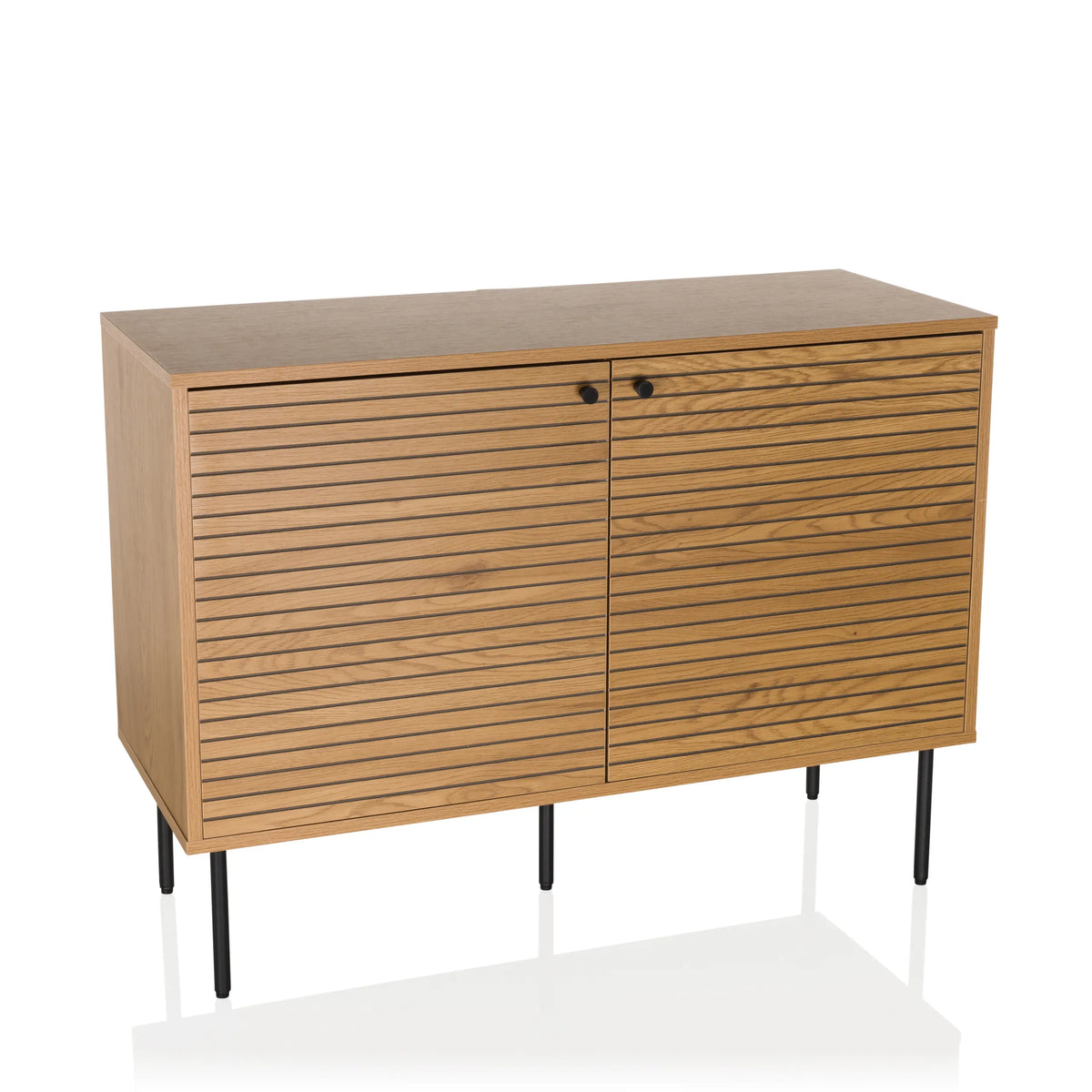 Sideboard LINNO S in oak with ribbed fronts and black metal legs by hjh LIVING – 360-degree view (front view 15°)