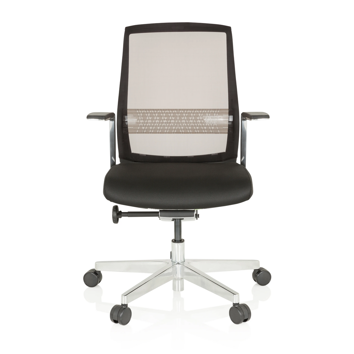 Schwarzer High-End-Bürostuhl FOUNTAINE PRO mit Netzrücken und Fußkreuz mit fünf Rollen von hjh OFFICE – 360-Grad-Ansicht (Frontansicht 0°)