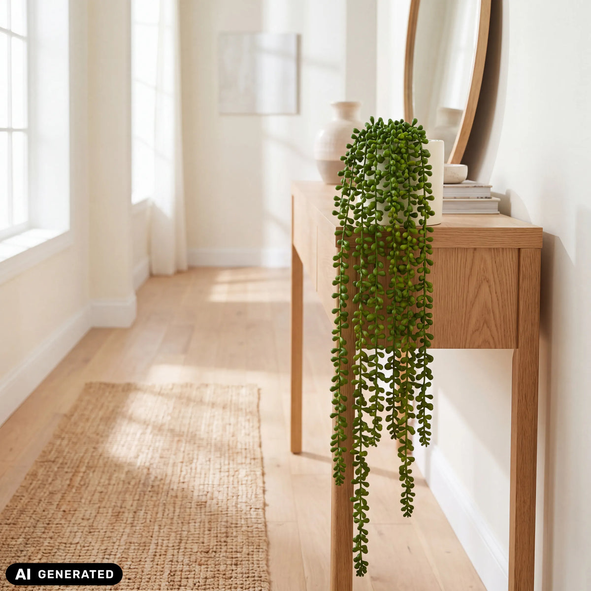 Green hanging plant Senecio Climb in a white pot on a light wood console table by hjh OFFICE
