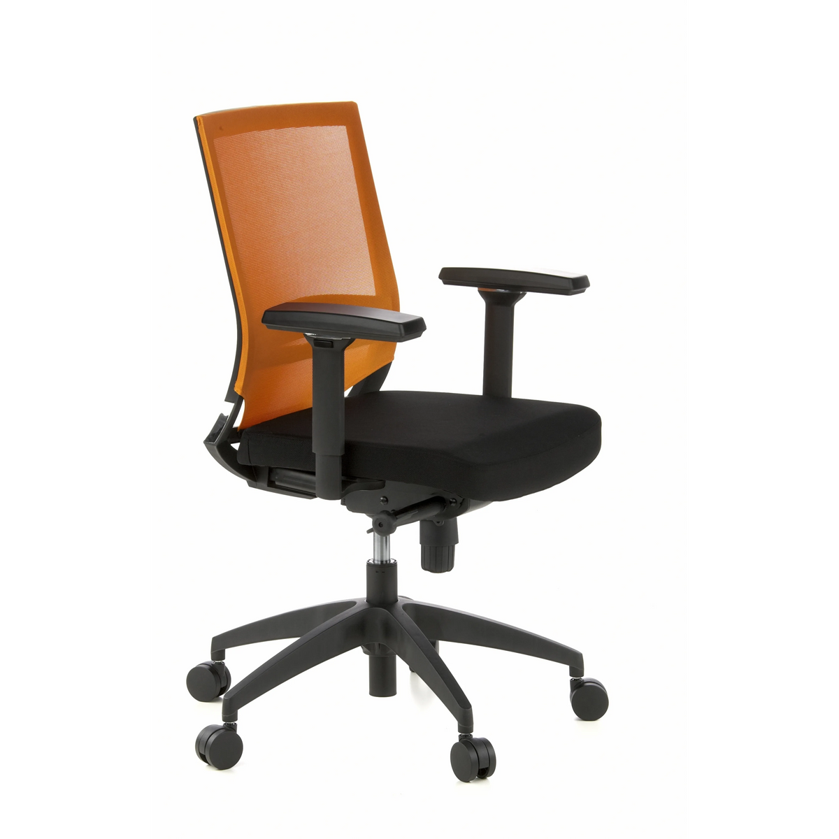 Black and orange Professional Office Chair PORTO BASE with mesh back and five-caster base by hjh OFFICE – 360-degree view (front three-quarter view 60°)