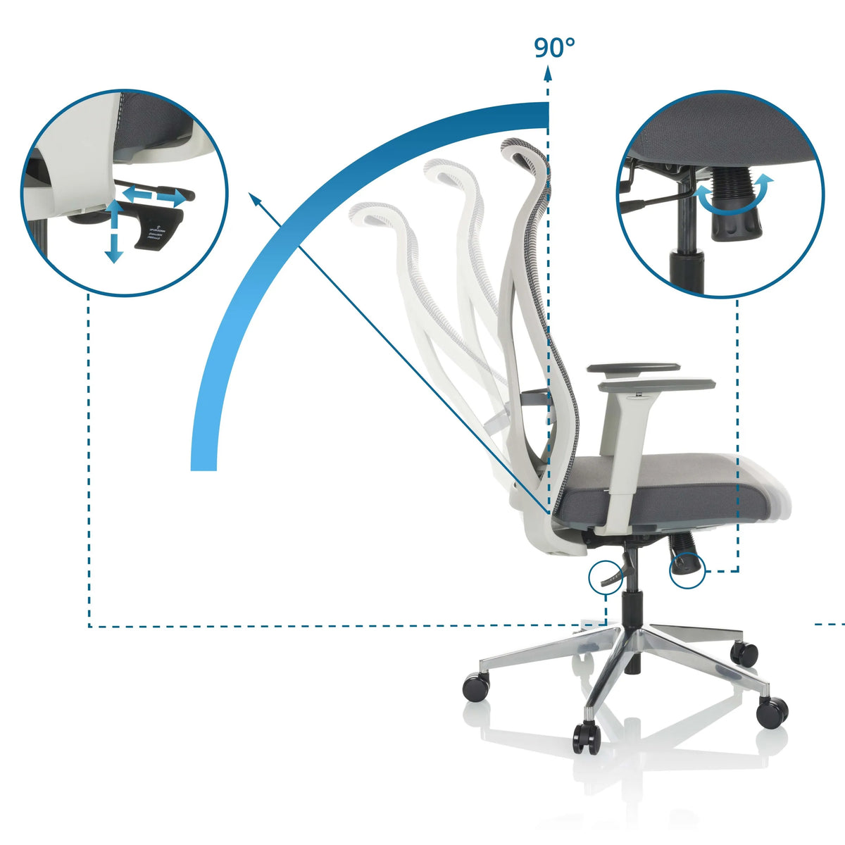 Adjustment mechanisms and 90 degree backrest tilt of the Professional Office Chair AZURRO WHITE by hjh OFFICE