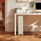 Beige chest of drawers FOLDRESS S with four fabric drawers under a white desk by hjh LIVING