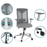 Grey Professional Office Chair HALIFAX with detailed views of the mesh back, armrests, gas lift and castors by hjh OFFICE