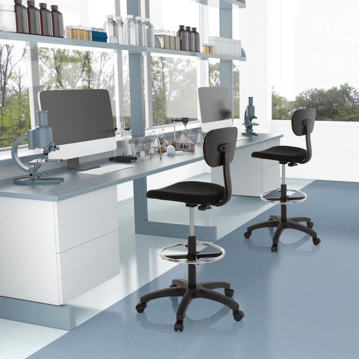 Two black Counter chairs TOP WORK 05 with foot rings and castors in a laboratory environment by hjh OFFICE