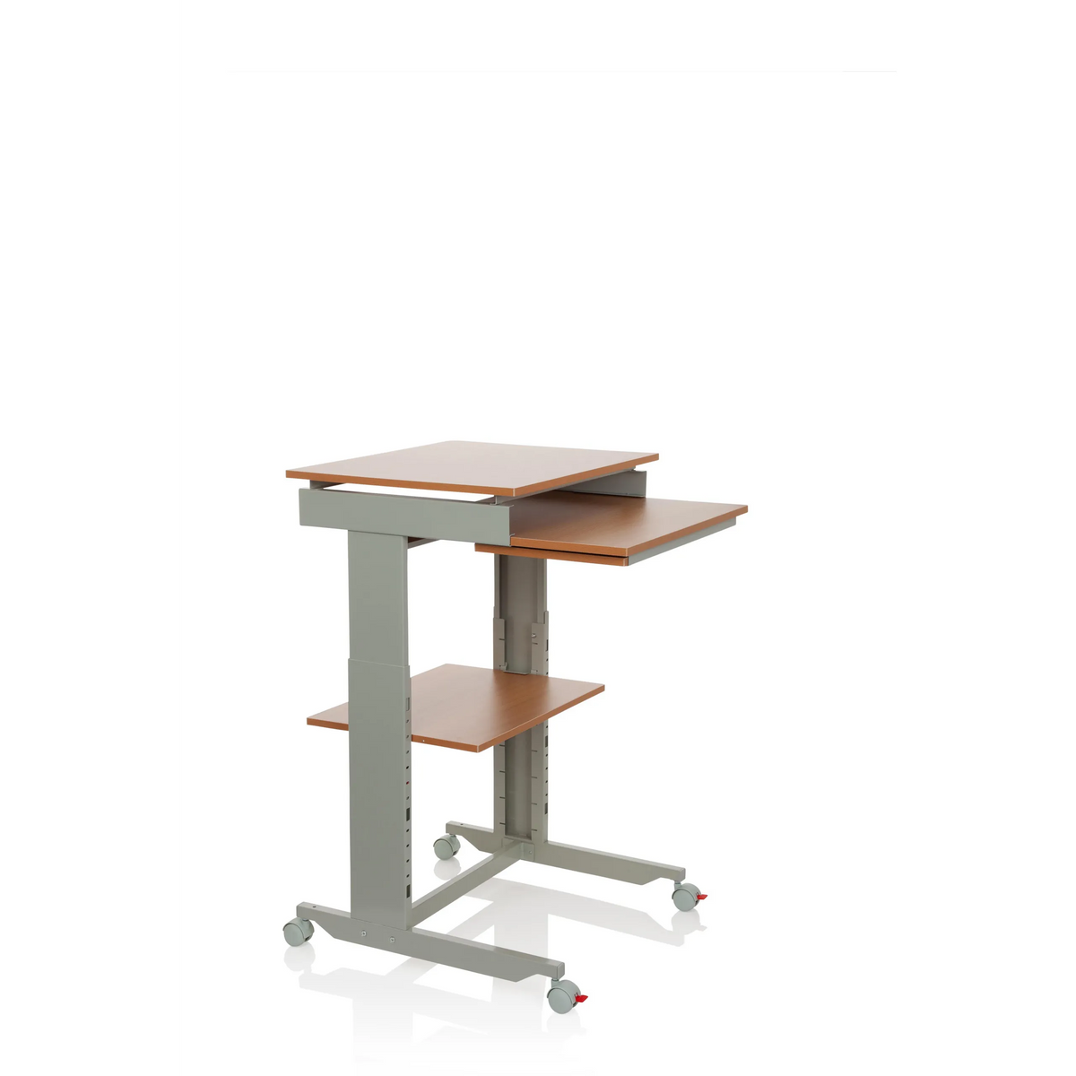 Grey Standing desk WORKSTATION in beech with storage area and four castors by hjh OFFICE – 360-degree view (front three-quarter view 60°)