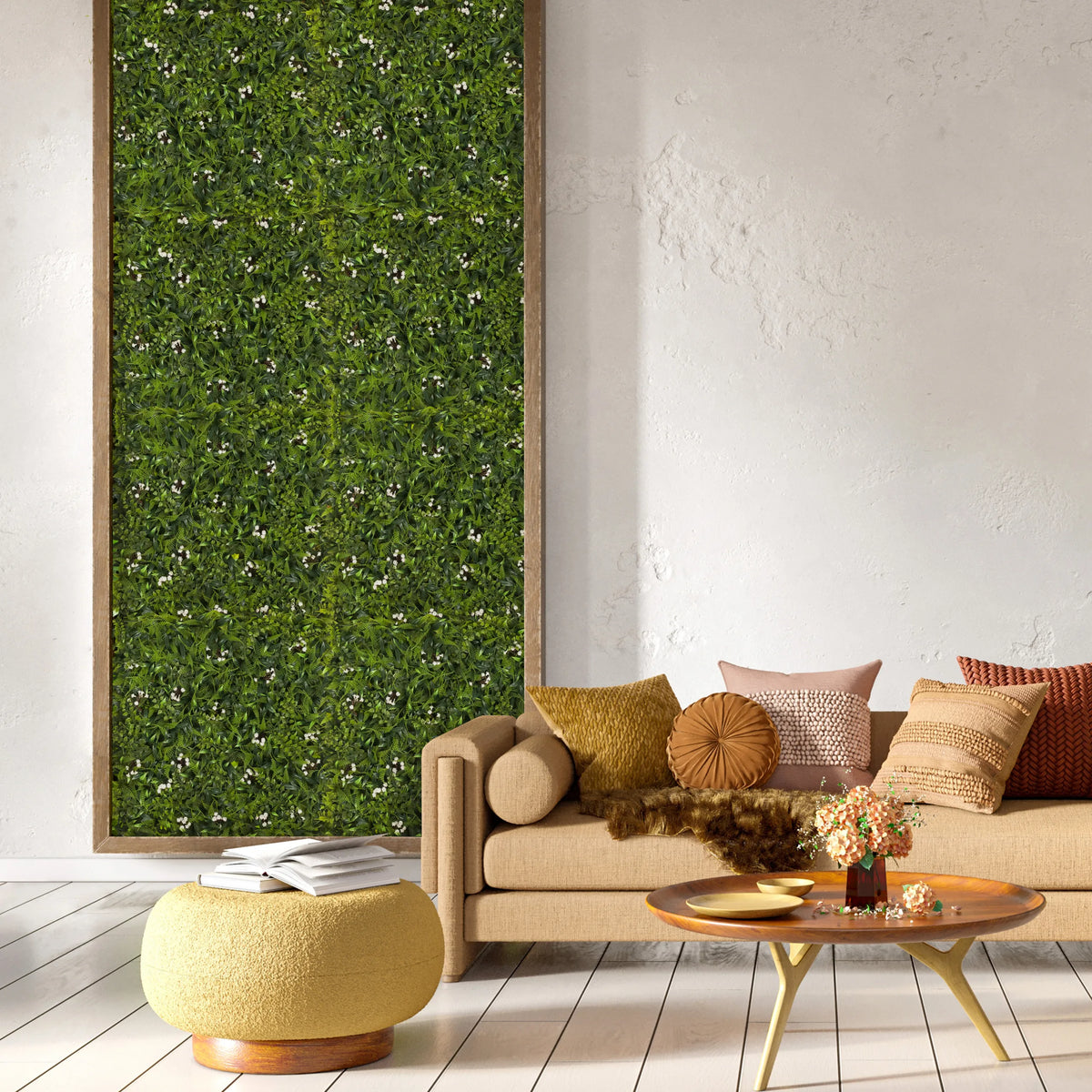 Green plant mat MORE GREEN I as a wall picture in a living room with a sofa and side table by hjh OFFICE