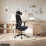 Black professional office chair Skandis Pro with headrest in a home office by hjh OFFICE (AI-generated image)