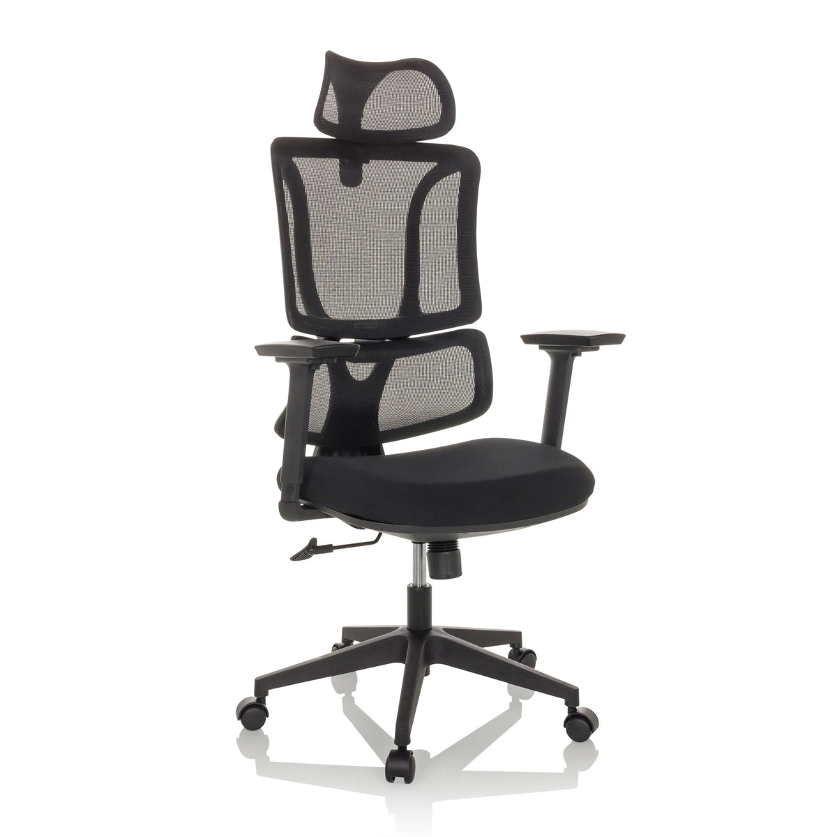 Black Home Office Chair ERGOMY with mesh back and five-caster base by MyBuero – 360-degree view (front three-quarter view 30°)