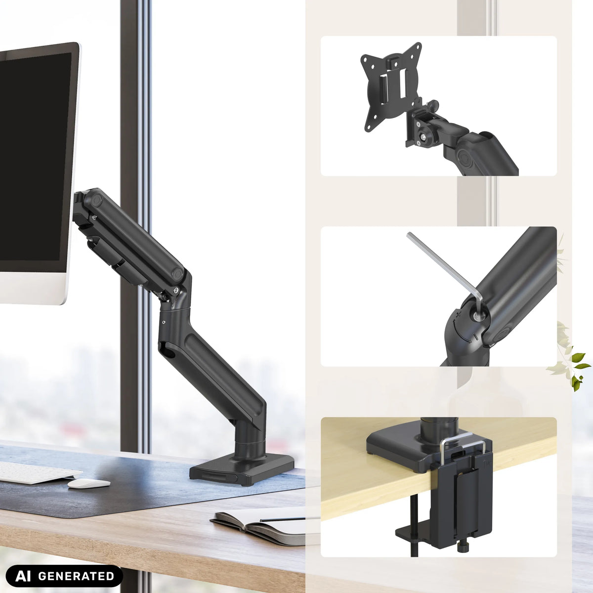 VM-MG1S monitor mount with VESA plate, articulated arm and desk mount in black by hjh OFFICE (AI-generated image)