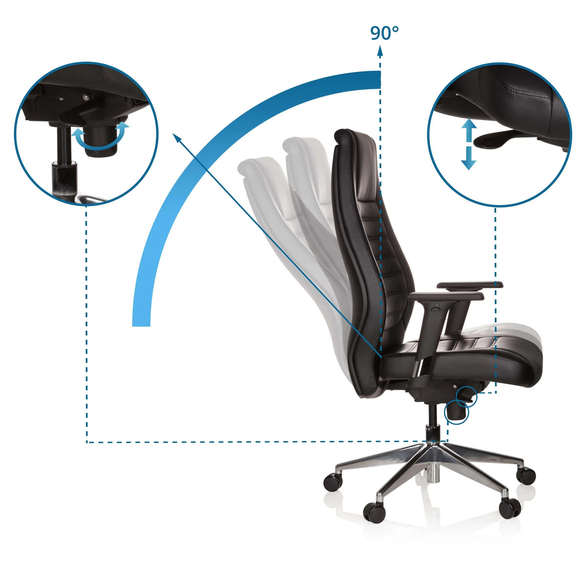 Adjustable backrest with an incline of up to 90 degrees of the Professional Executive Chair VITORO by hjh OFFICE
