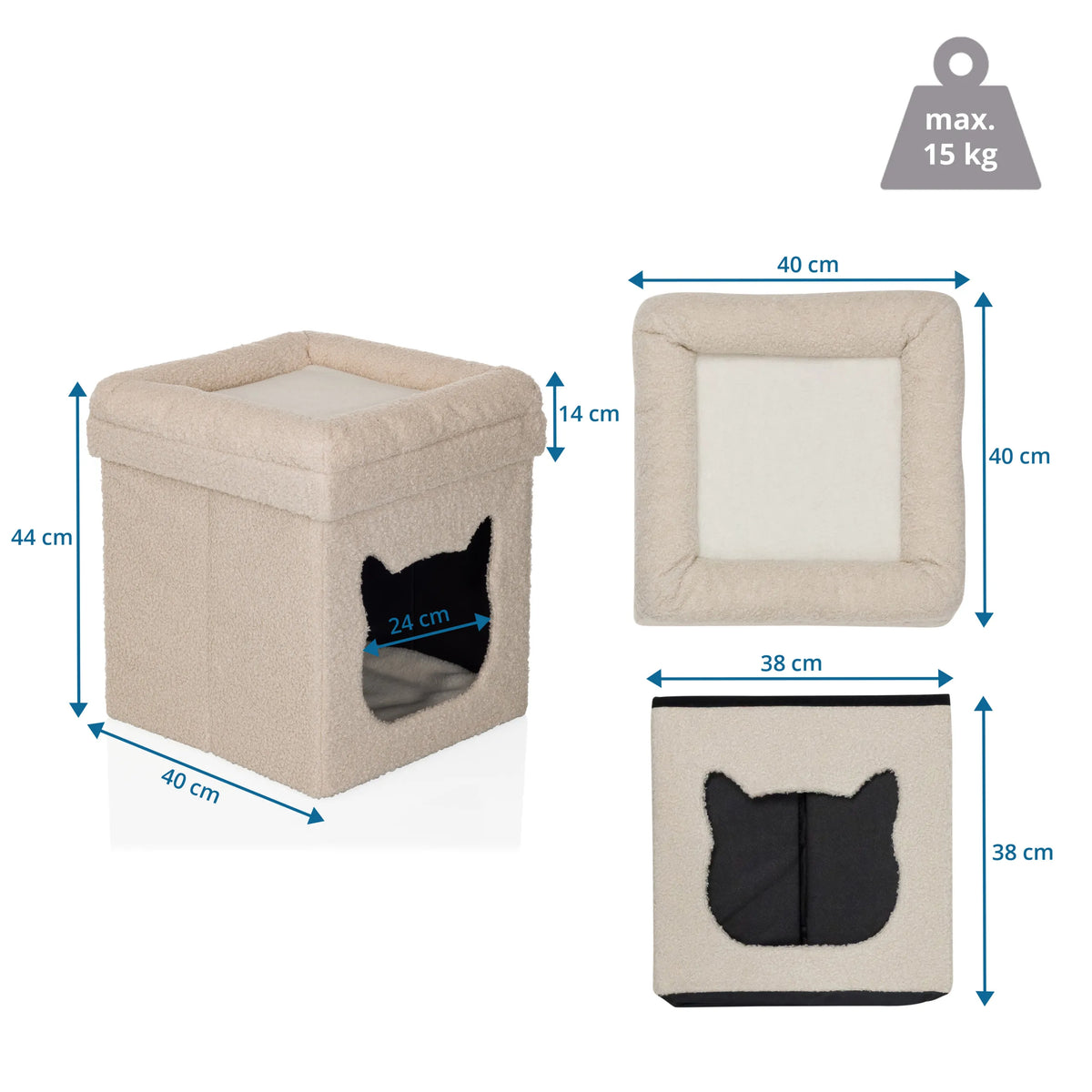 Dimensional drawing of the Cat house PAWY ES with 40 × 40 cm and a maximum load of 15 kg by hjh LIVING