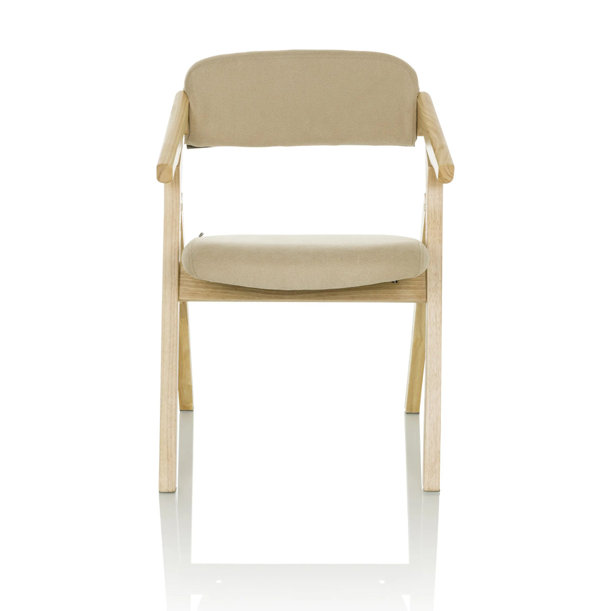 Beige folding chair SCANDIO with armrests and wooden frame by hjh OFFICE – 360-degree view (front view 0°)