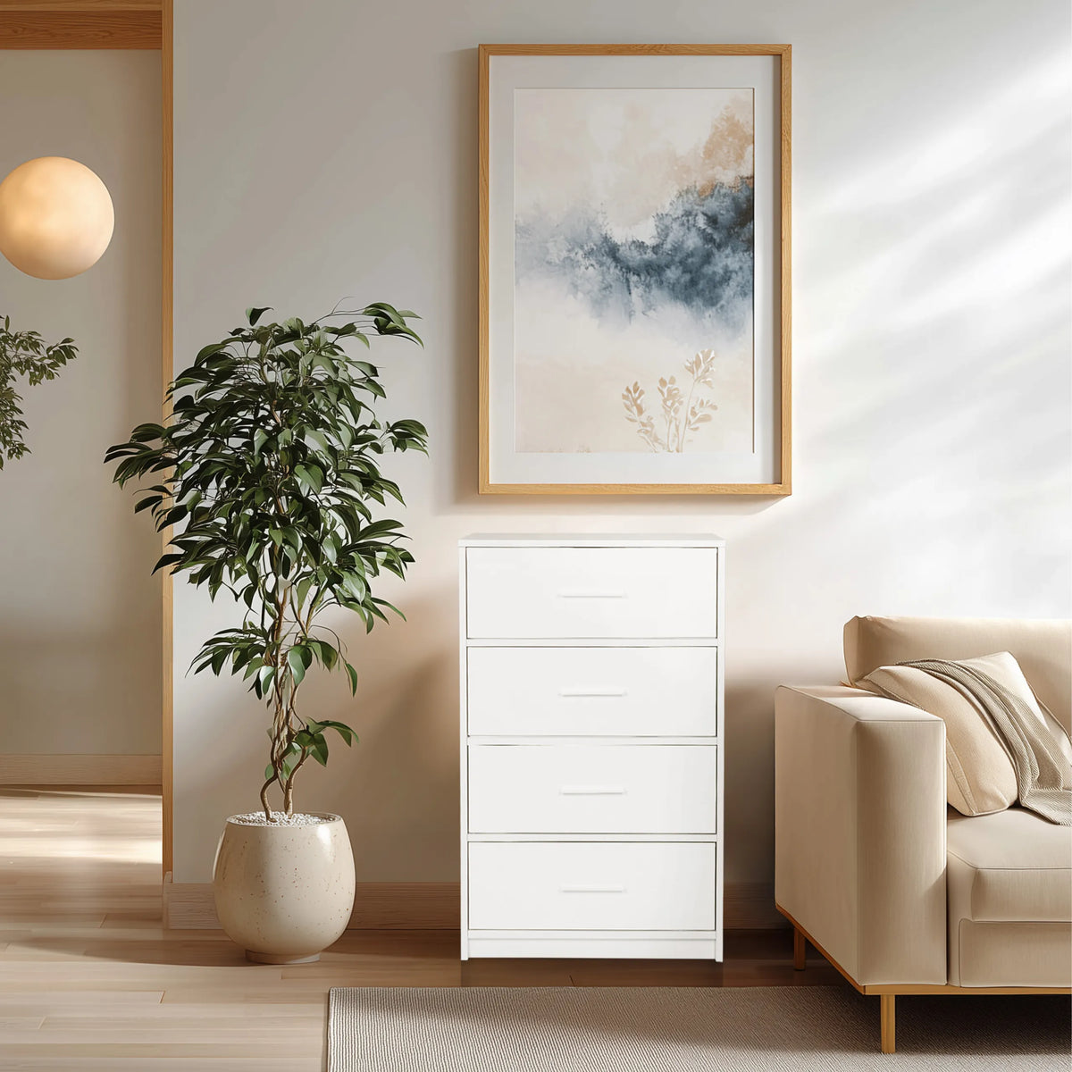 White chest of drawers ESTORIA with four drawers in a bright living room by hjh LIVING