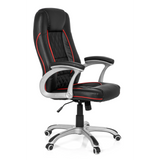 Black Gaming chair RELAX AB100 with red decorative stitching, quilting and five-caster base by MyBuero – 360-degree view (front three-quarter view 60°)