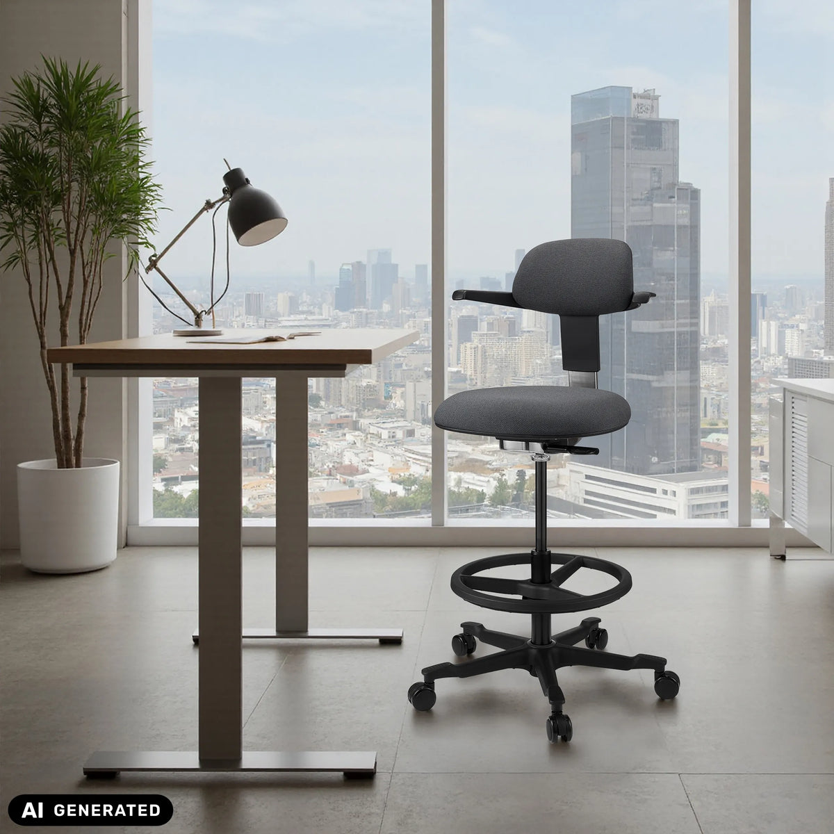 Dark grey TOP WORK 40 work chair with foot ring and castors in front of a window by hjh OFFICE (AI-generated image)