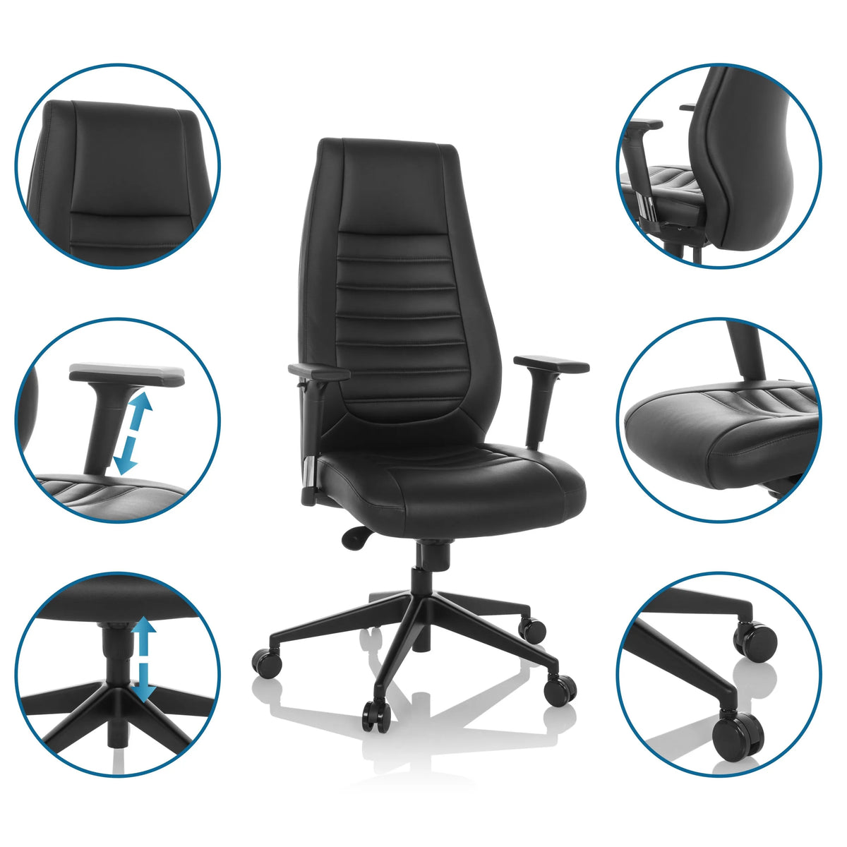 Professional Executive Chair VITORO B in black with detailed views of the armrests, seat and gas spring by hjh OFFICE