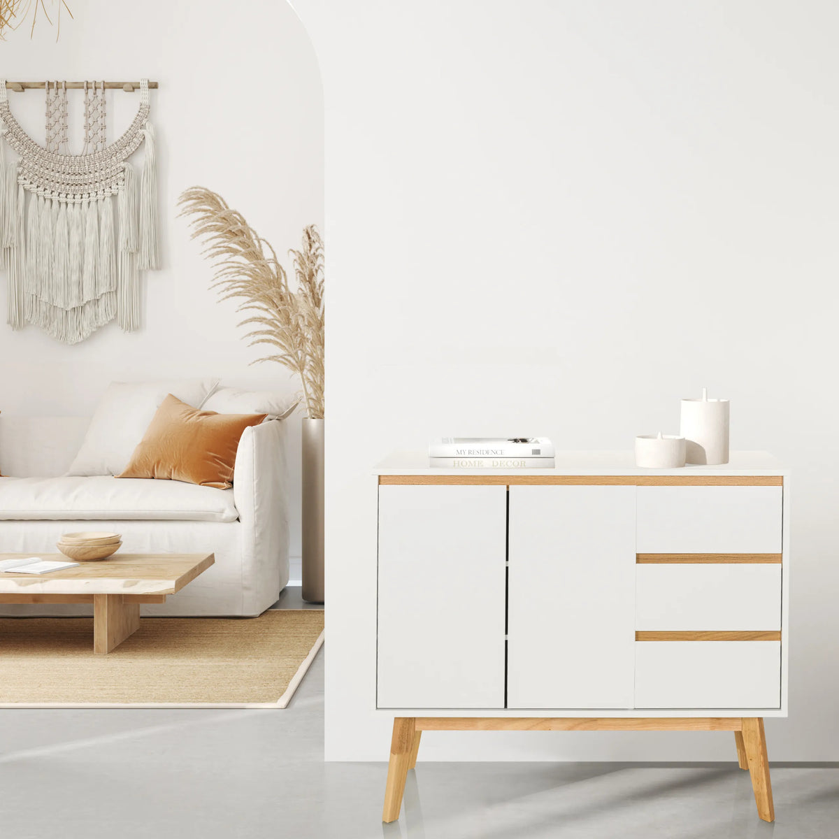 White Sideboard TAROLO I with three drawers and two doors on wooden legs by hjh LIVING
