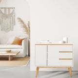 White Sideboard TAROLO I with three drawers and two doors on wooden legs by hjh LIVING