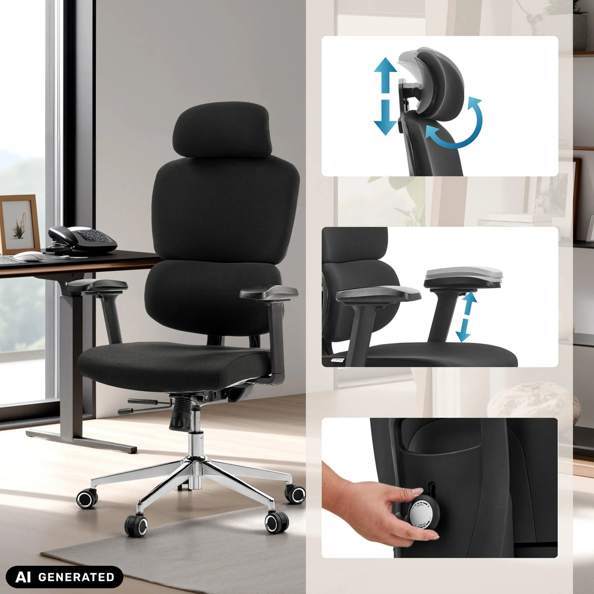 Adjustable headrest, armrests and adjustment knob of the Professional Office Chair Ergomy F 2 by hjh OFFICE (AI-generated image)
