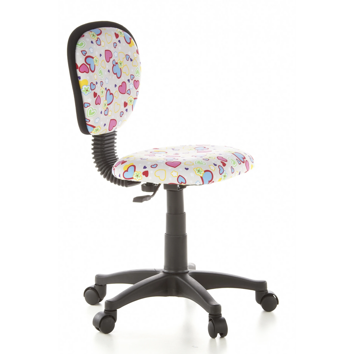 Swivel Chair – Children KIDDY TOP with colourful heart and flower pattern and five-caster base by hjh OFFICE – 360-degree view (front three-quarter view 60°)