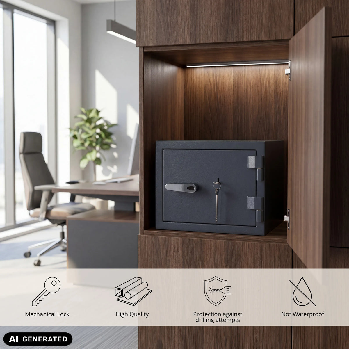 Anthracite Safe Compact Pro safe with mechanical lock in a cupboard by hjh OFFICE (AI-generated image)
