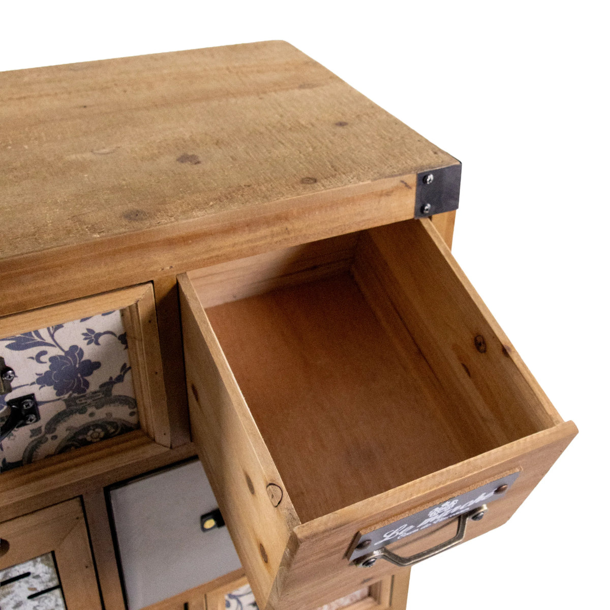 Open drawer space of the CONTINENTO S sideboard made of dark brown wood with a metal handle by hjh LIVING