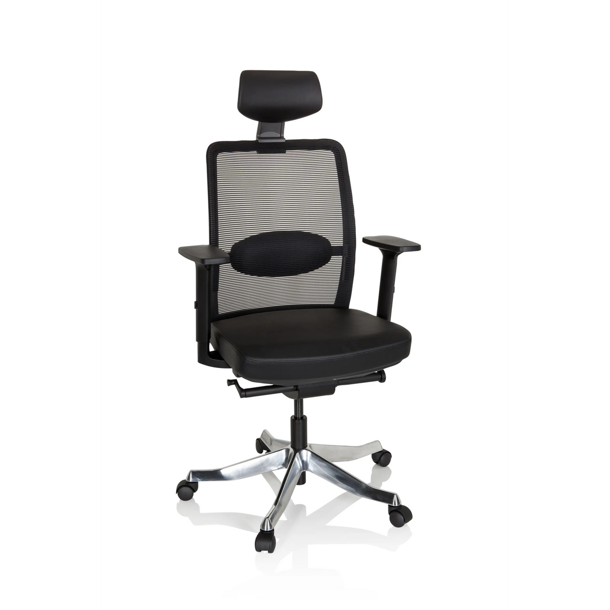 Black Luxury Executive Chair SENATOR PRO with mesh back, headrest and five-caster base by hjh OFFICE – 360-degree view (front view 20°)