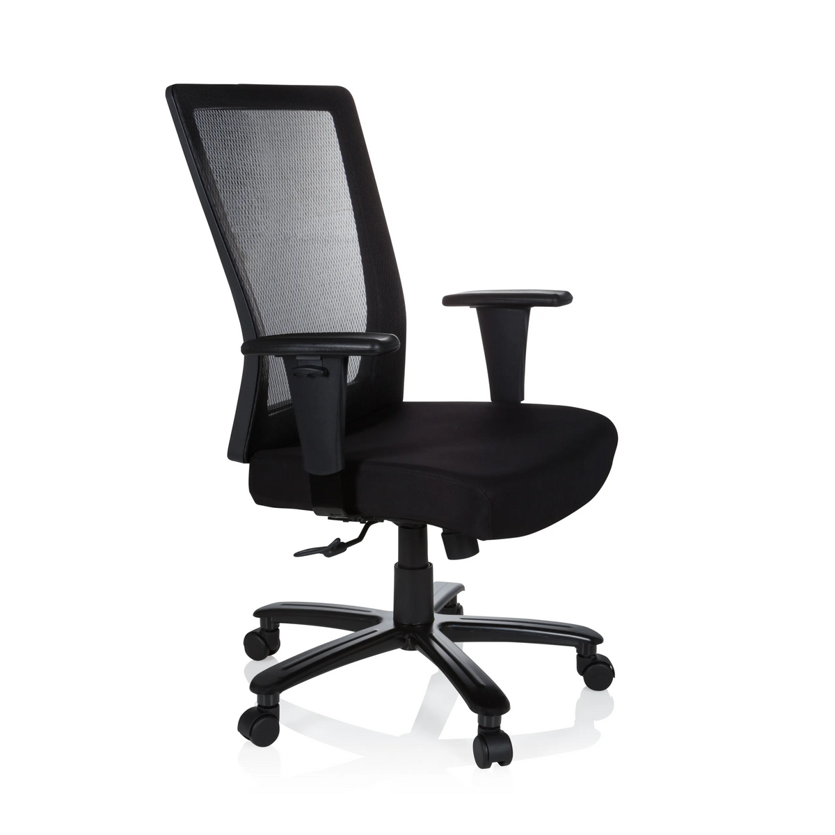 Black Swivel Chair XXL EXTENDER with mesh back and five-caster base by hjh OFFICE – 360-degree view (front three-quarter view 60°)