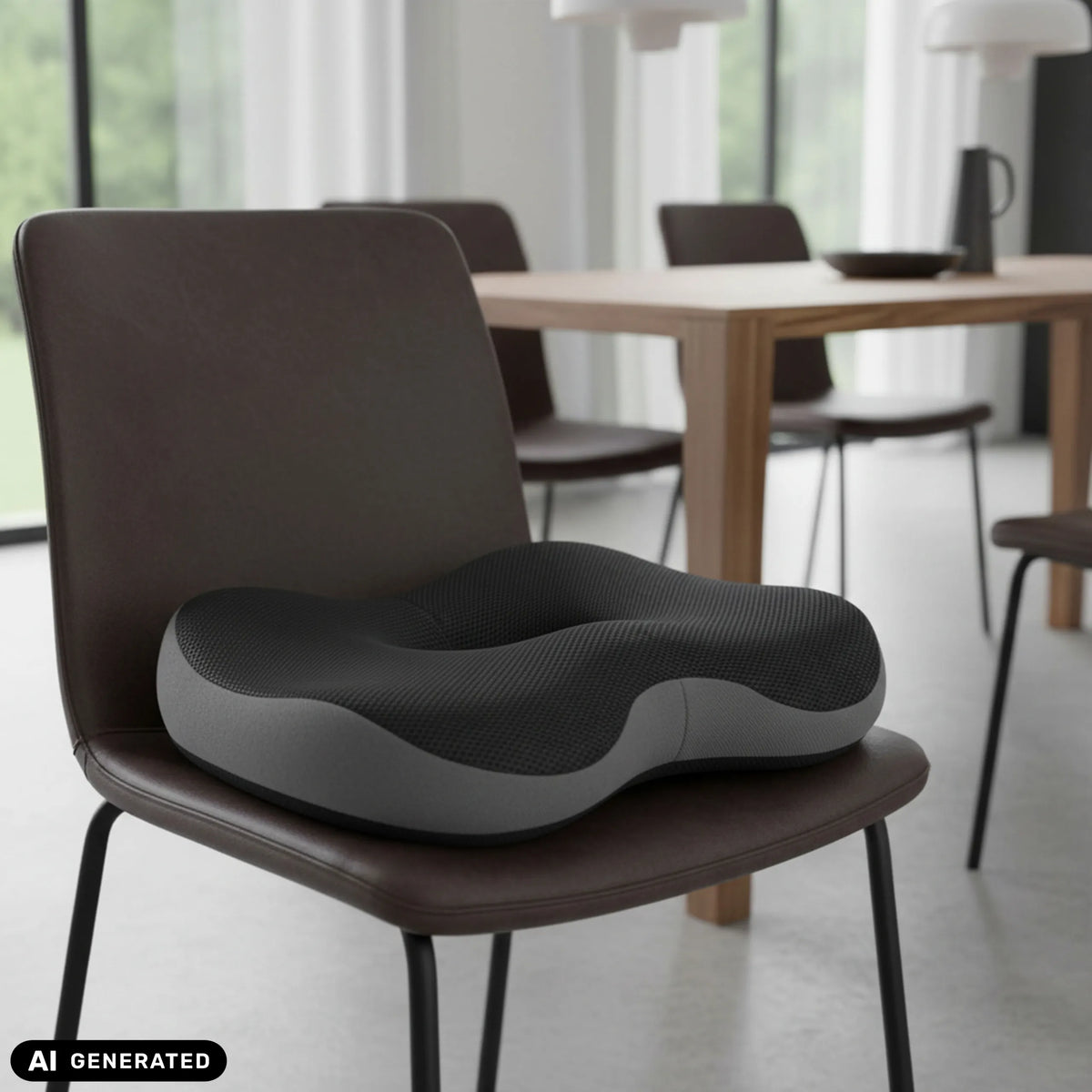 Black MEDISIT VI seat cushion on a brown chair by hjh OFFICE (AI-generated image)