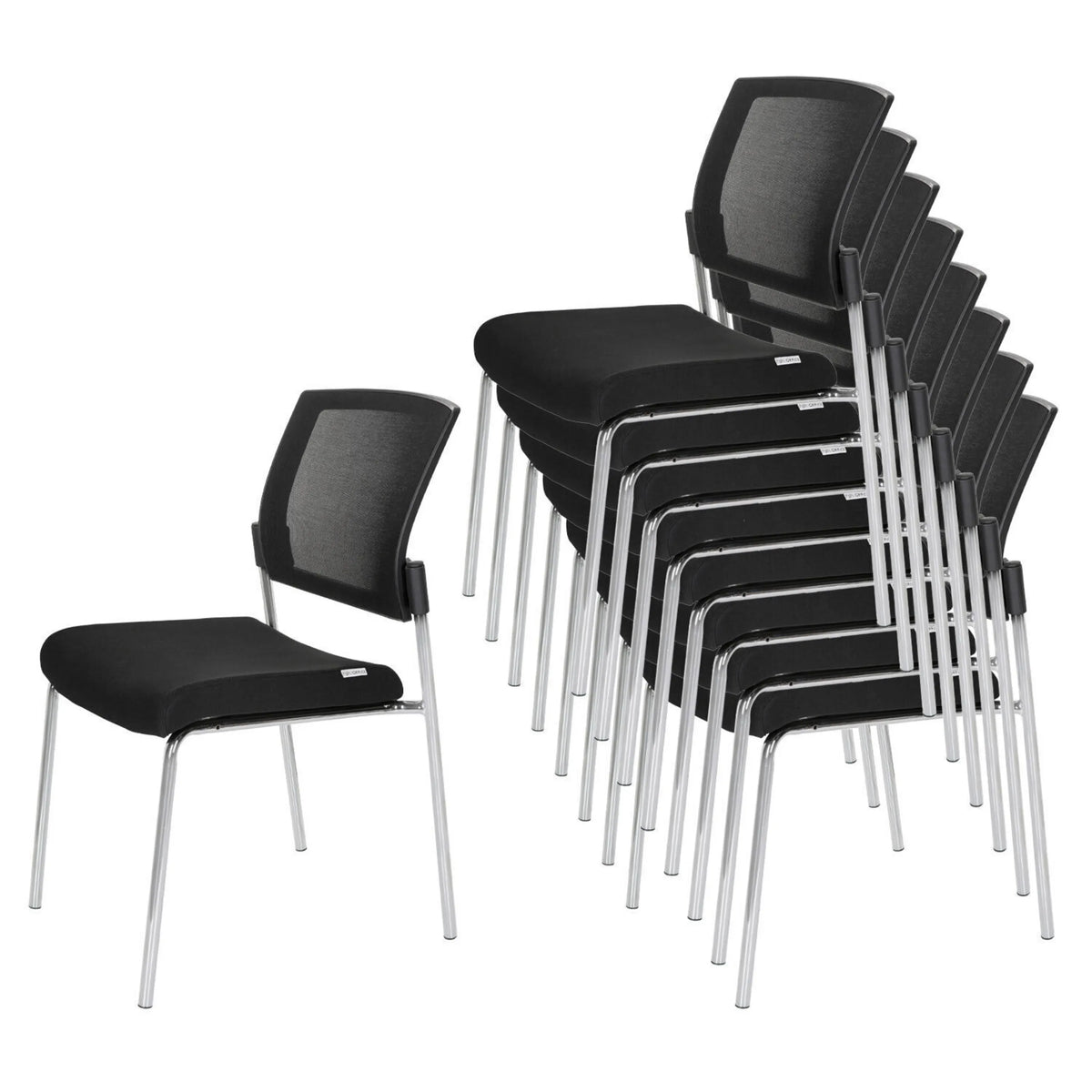 Stackable four-legged chairs K9 V in black with mesh back and chrome frame by hjh OFFICE