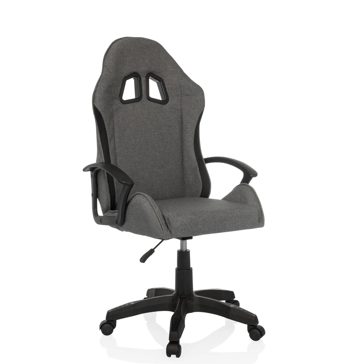 Grey Gaming chair GAMEBREAKER W01 with two headrest cut-outs and five-caster base by MyBuero – 360-degree view (front three-quarter view 30°)