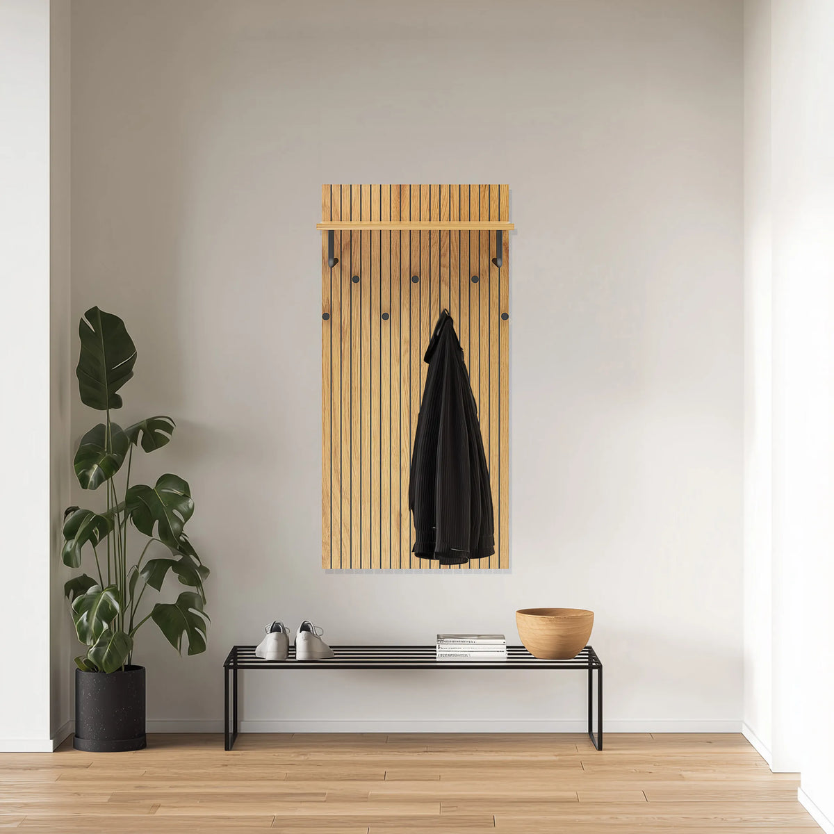 Wall-mounted coat rack LINNO SPACE made of oak wood with black hooks and a shelf by hjh LIVING
