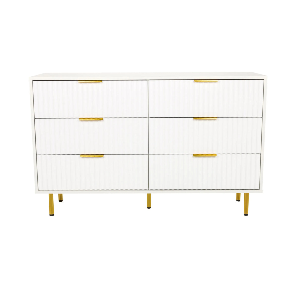 White Sideboard HJELLE with six drawers, ribbed fronts and golden legs by hjh LIVING – 360-degree view (front view 0°)