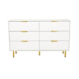 White Sideboard HJELLE with six drawers, ribbed fronts and golden legs by hjh LIVING – 360-degree view (front view 0°)