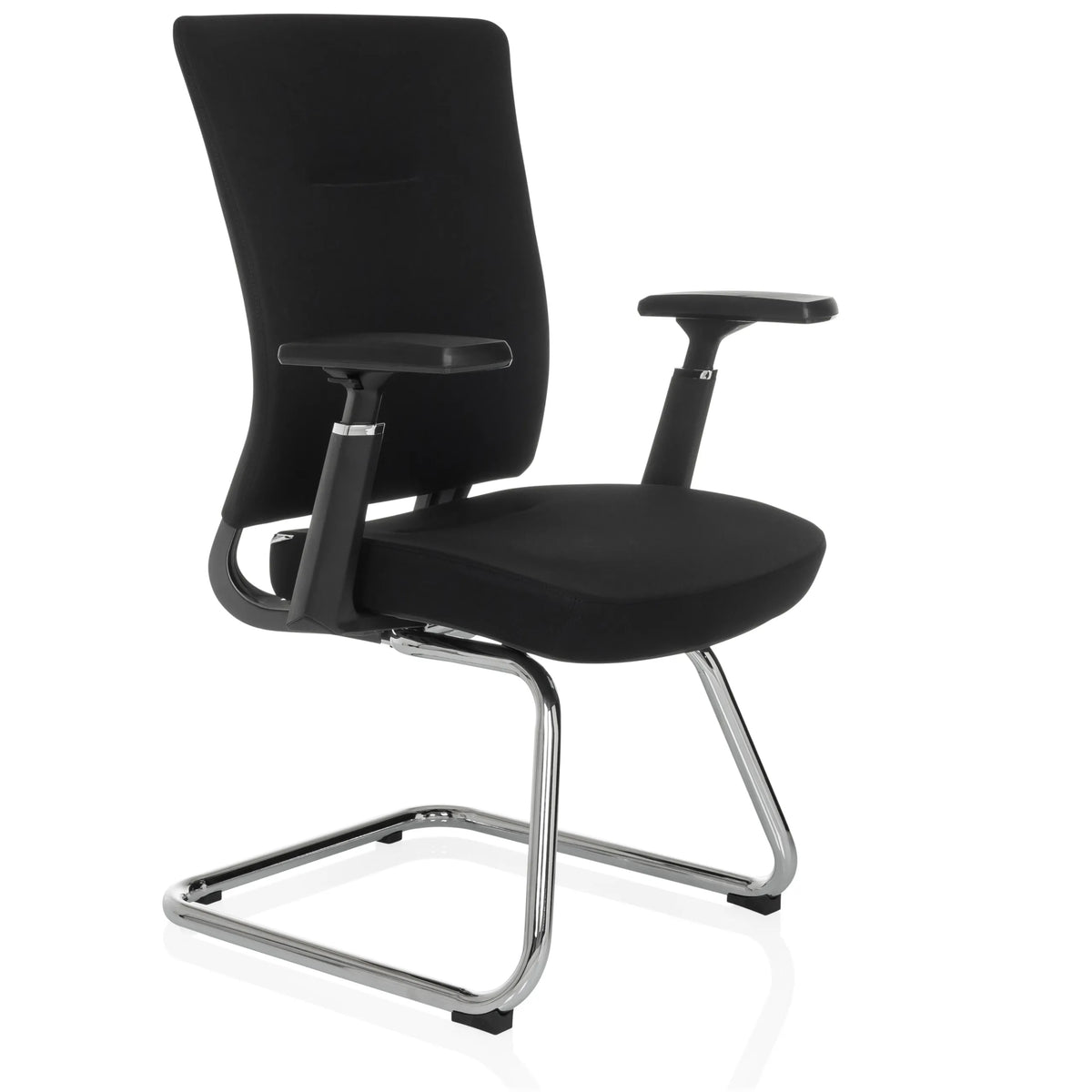 Black cantilever chair CAPTIVO PRO V with armrests and fabric upholstery by hjh OFFICE – 360-degree view (front three-quarter view 45°)
