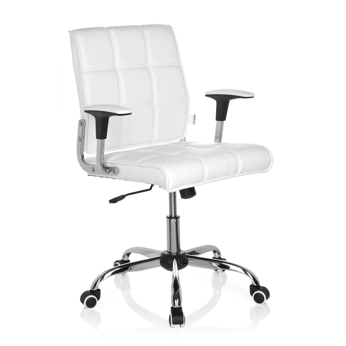 White Home Office Chair ERNESTO with quilted upholstery and five-caster base by hjh OFFICE – 360-degree view (front three-quarter view 40°)