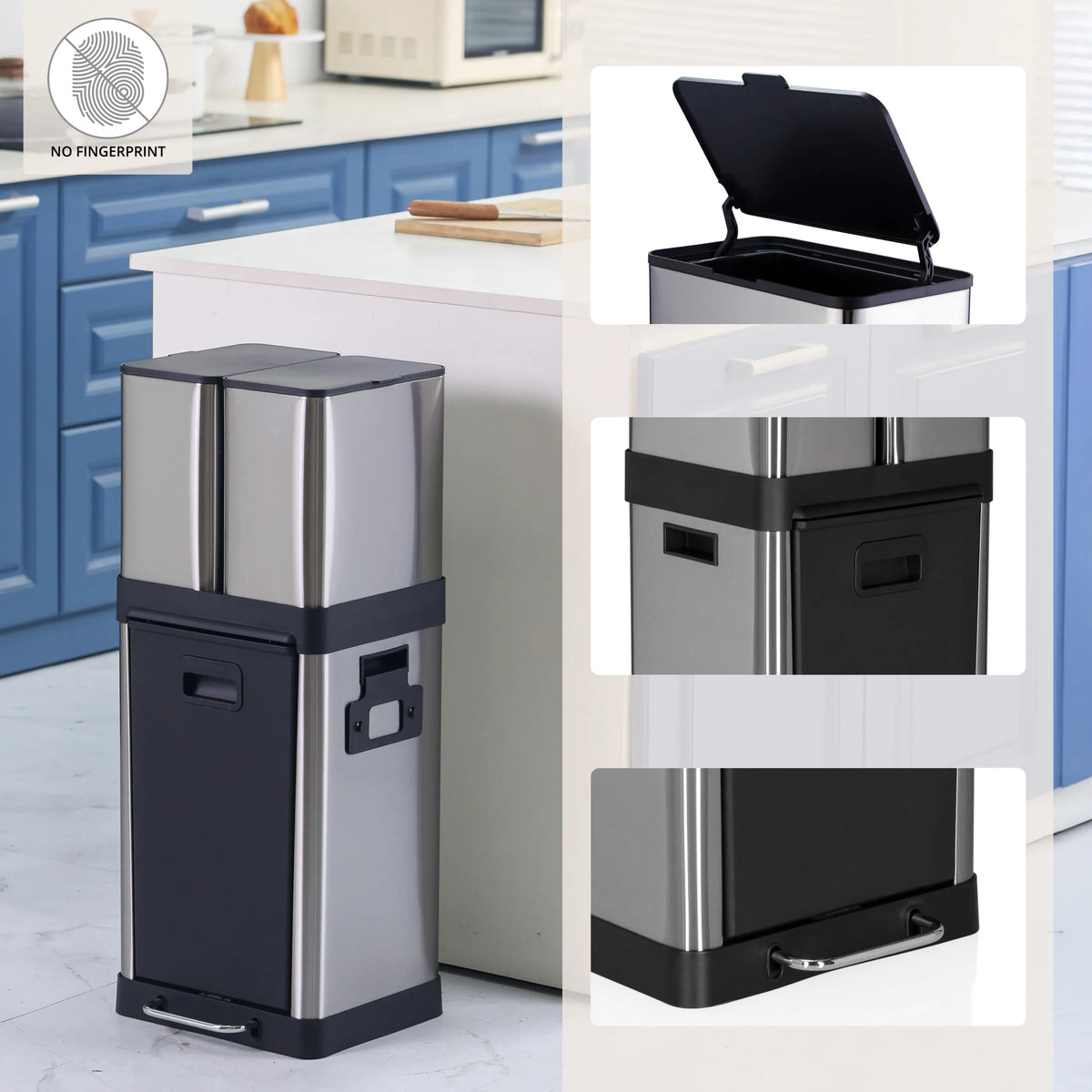 Silver CLEAN 3 wastepaper bin with open lid, black housing element and foot pedal by hjh OFFICE