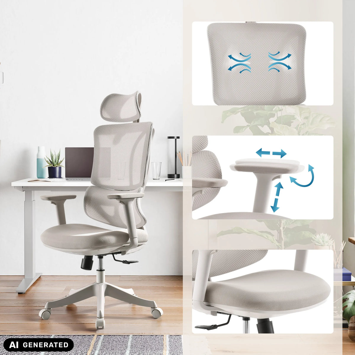 Home Office Chair Ergomy Colore in beige with mesh back and 3D armrests by MyBuero (AI-generated image)