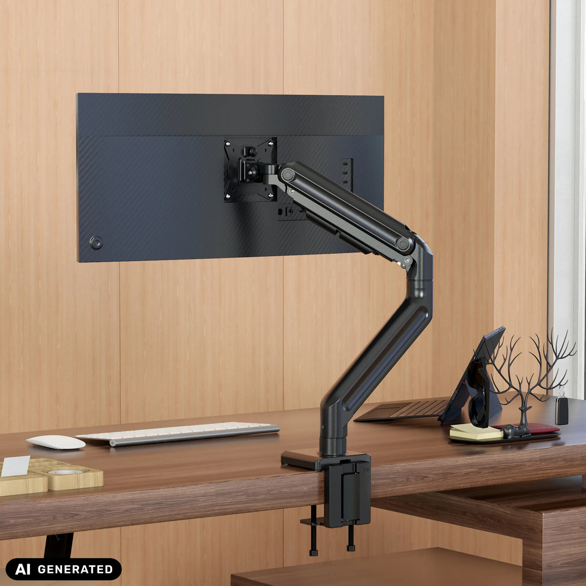 Black VM-MG1S monitor mount with articulated arm and desk mount by hjh OFFICE (AI-generated image)